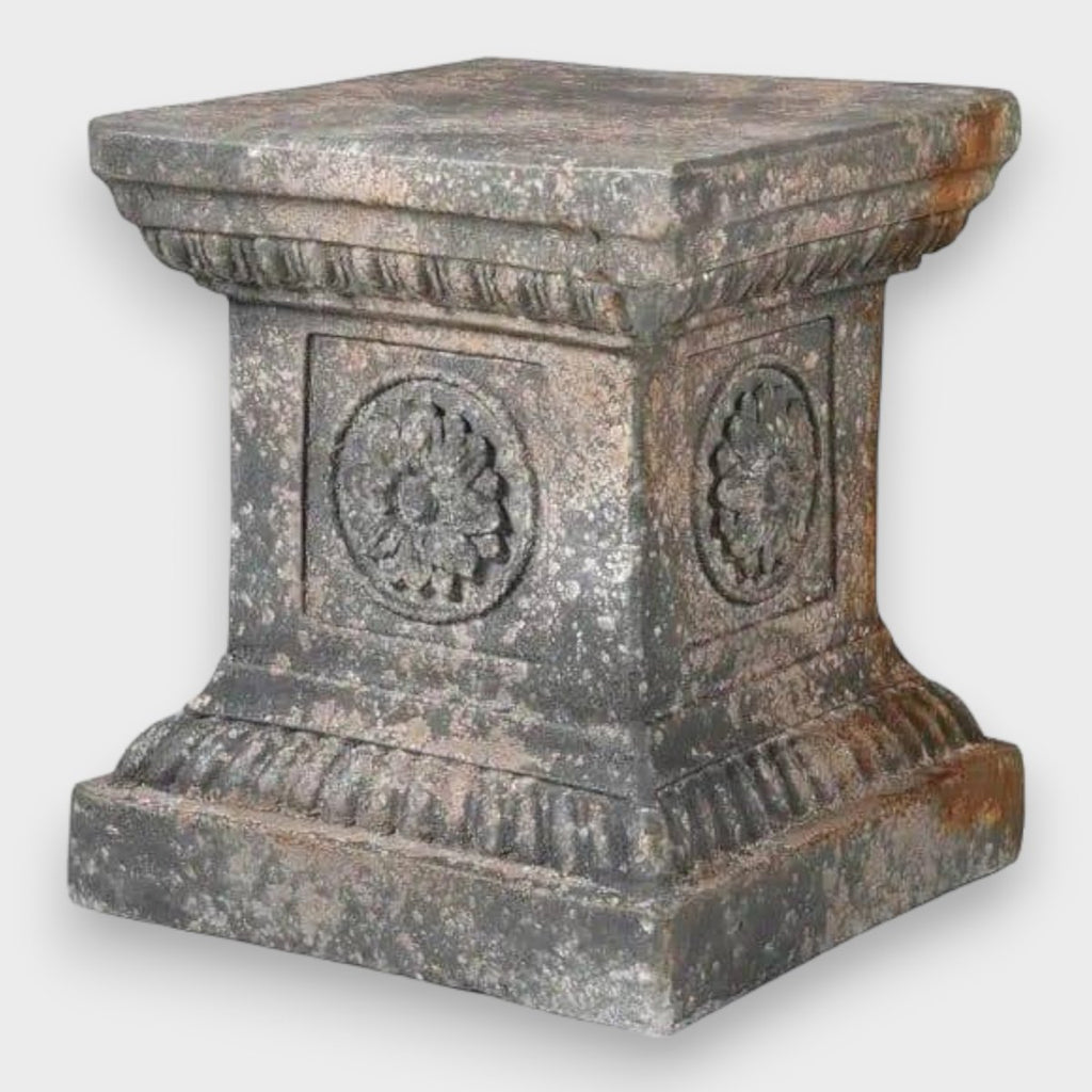 Distressed Stone Effect Square Pedestal with Flower Motif - Persora