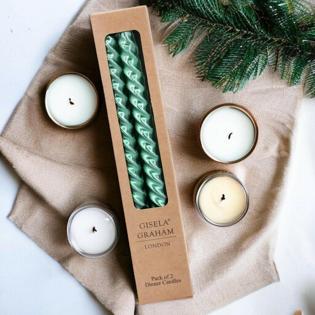 Gisela Graham Metallic Green Twist Dinner Candles.