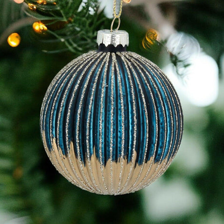 Blue and Gold Ribbed Glass Bauble.