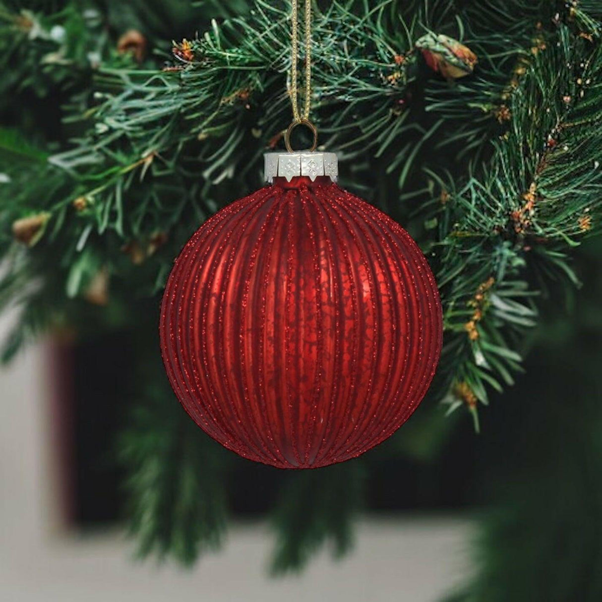 Dark Red Ribbed Glass Bauble.