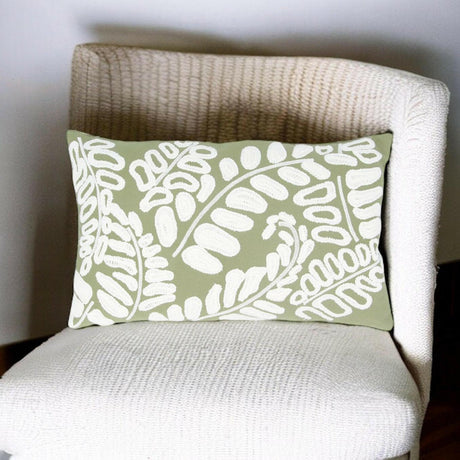 Green and White Embroidered Floral Cushion.
