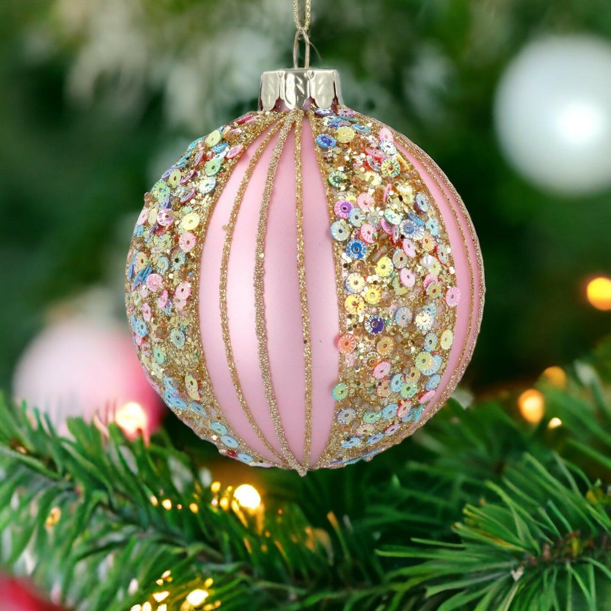 Pink Glass Rainbow Sequin Bauble.