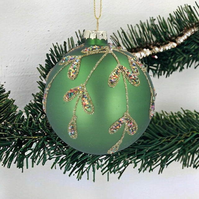 Green Glass Bauble with Gold Leaves.