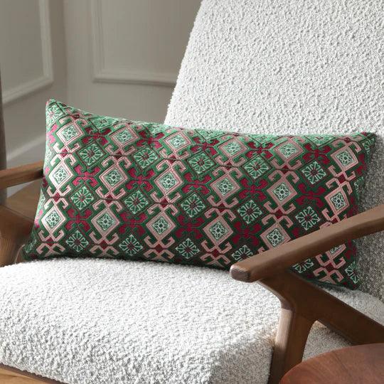 Laurel Embroidered Velvet Cushion Cerise/Jade.