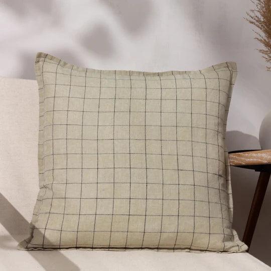 Linen Grid Check Cushion in Stone.