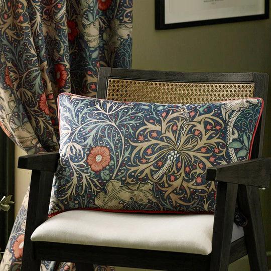 Morris & Co Seaweed Printed Velvet Cushion Indigo.