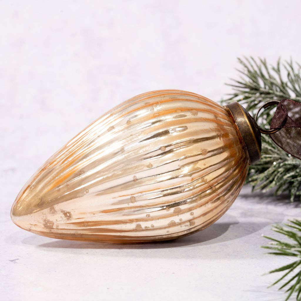 4" Extra Large Champagne Ribbed Glass Pinecone Bauble - Persora