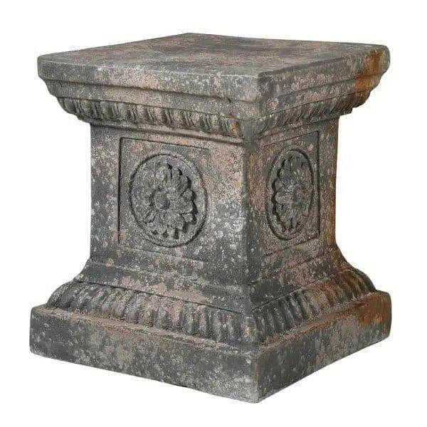 Distressed Stone Effect Square Pedestal with Flower Motif.