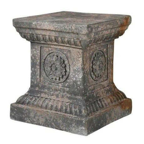 Distressed Stone Effect Square Pedestal with Flower Motif.