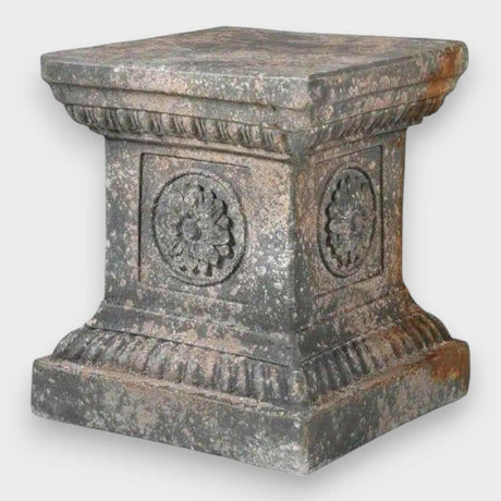 Distressed Stone Effect Square Pedestal with Flower Motif.