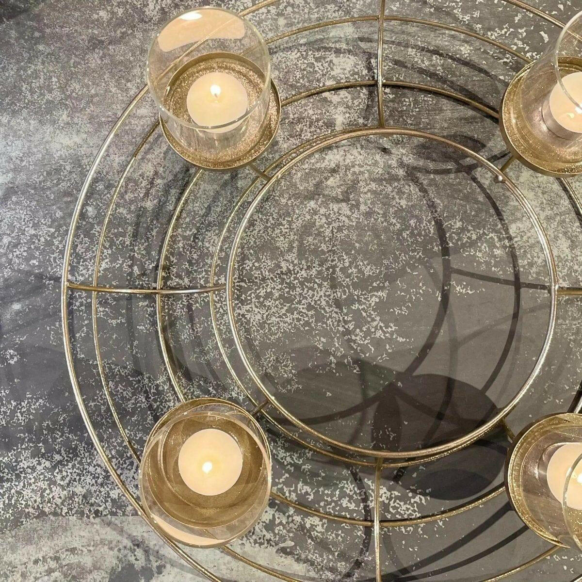 Gold Circular Wreath Tea Light Holder.