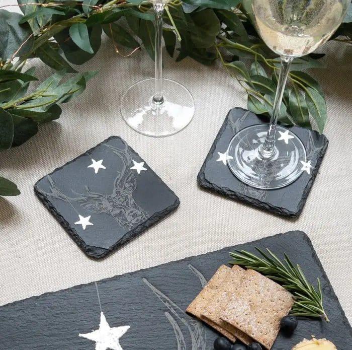 Just Slate Silver Leaf Slate Coasters | Christmas Stag - Persora