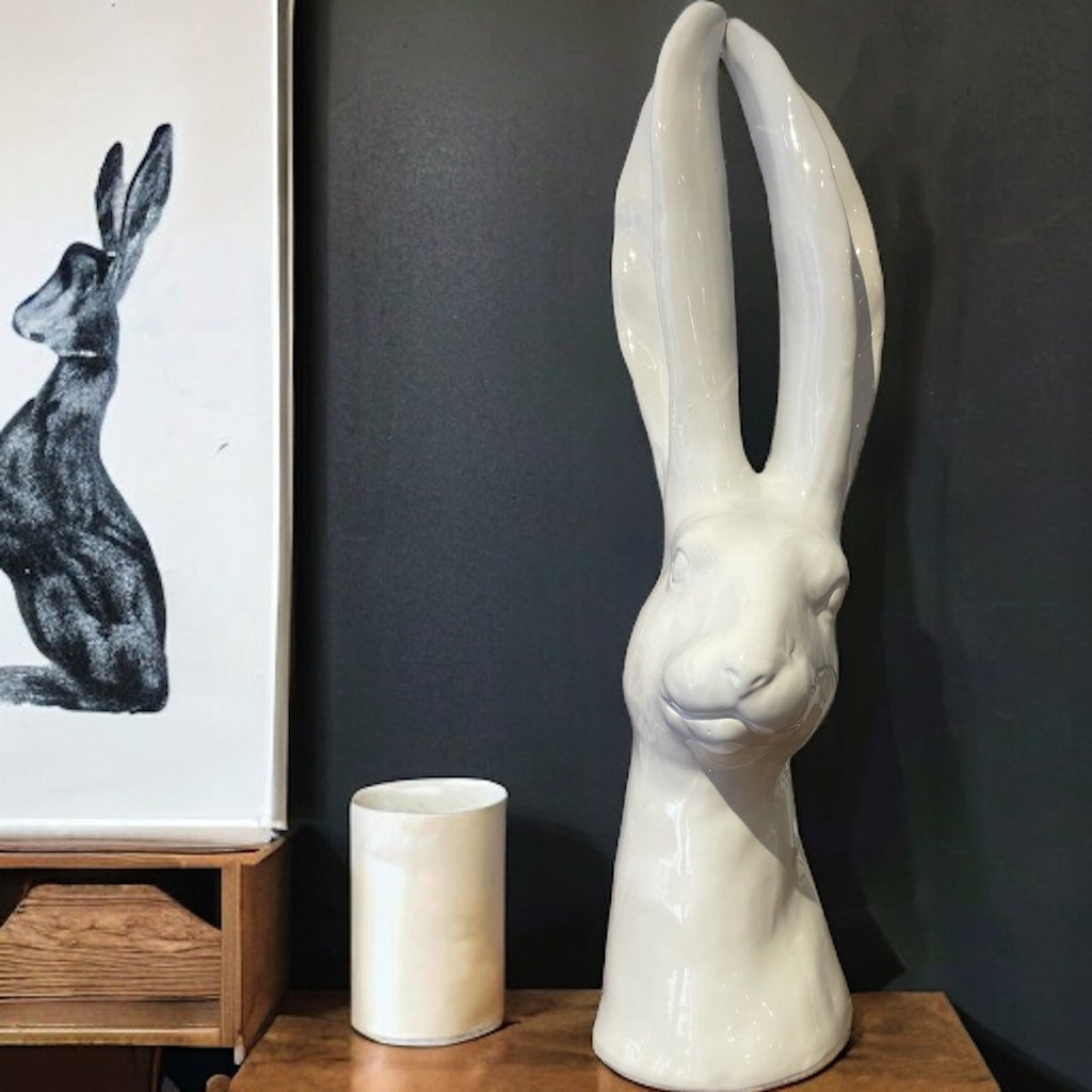 Large White Glazed Hare Head Sculpture - Persora
