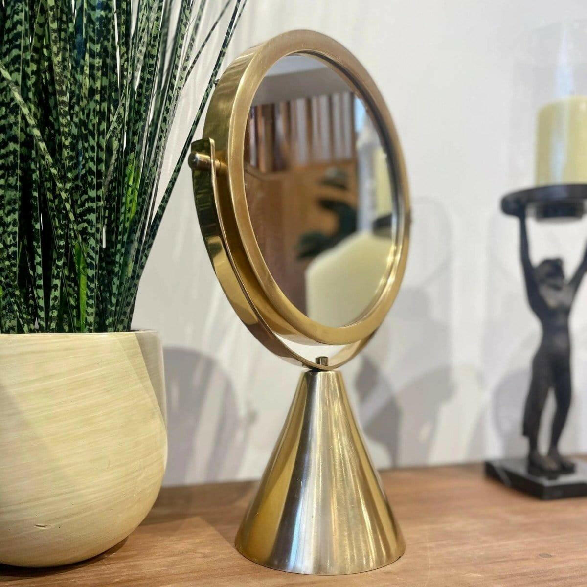 Modernist Double Sided Mirror in Antiqued Brass Finish.