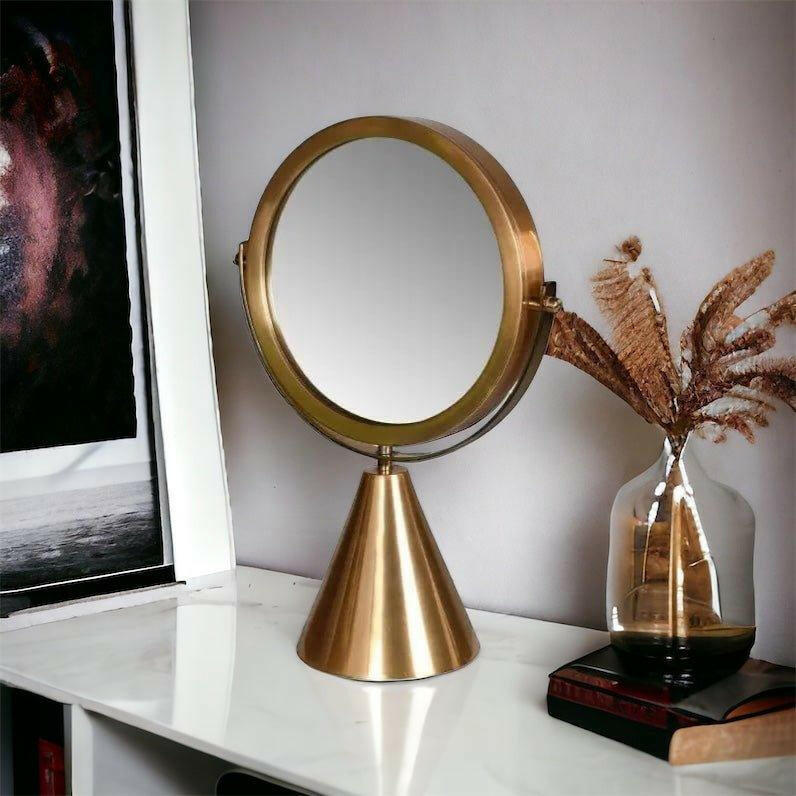 Modernist Double Sided Mirror in Antiqued Brass Finish.