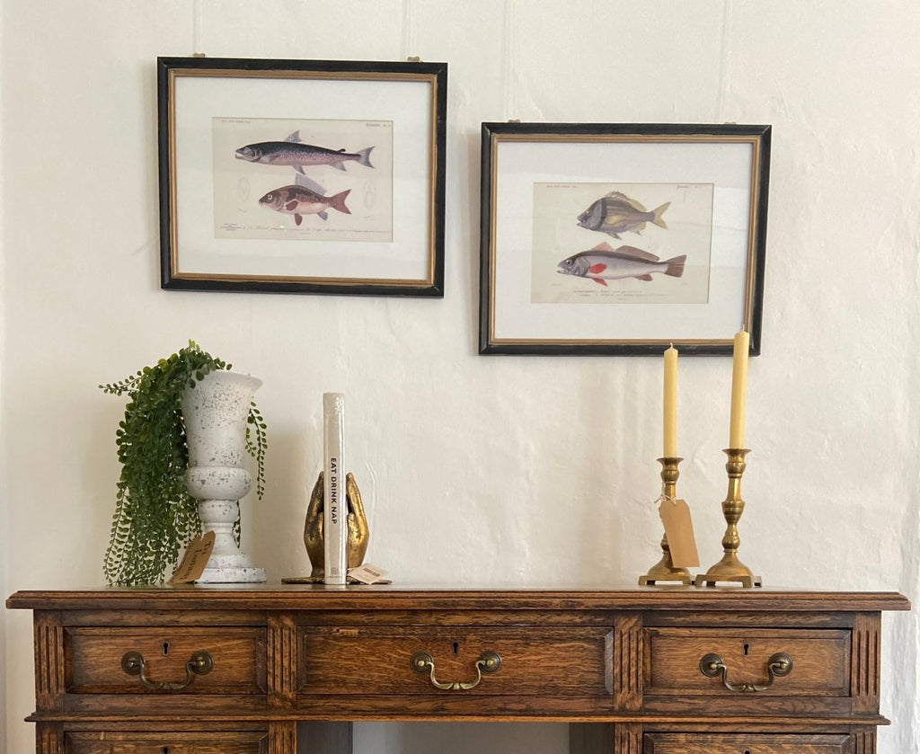 Pair of Fish Prints in Antique Style Black Frames - Persora