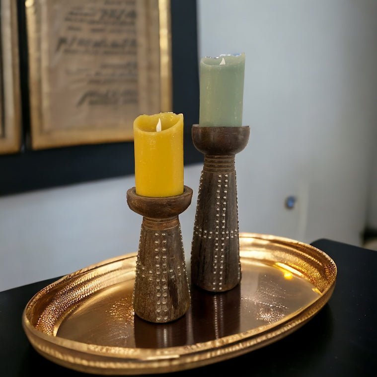 Pair of Wood Pillar Candle Holders with Stud Detail | The Lunatiques - Persora