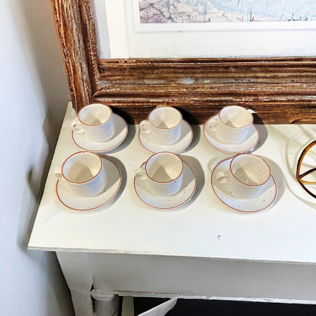 Set of 6 Vintage White and Brown Speckled Cups and Saucers | The Lunatiques - Persora